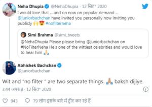 नेहा धूपिया के शो पर नहीं आना चाहते अभिषेक बच्चन, ट्वीट कर कही ये बात