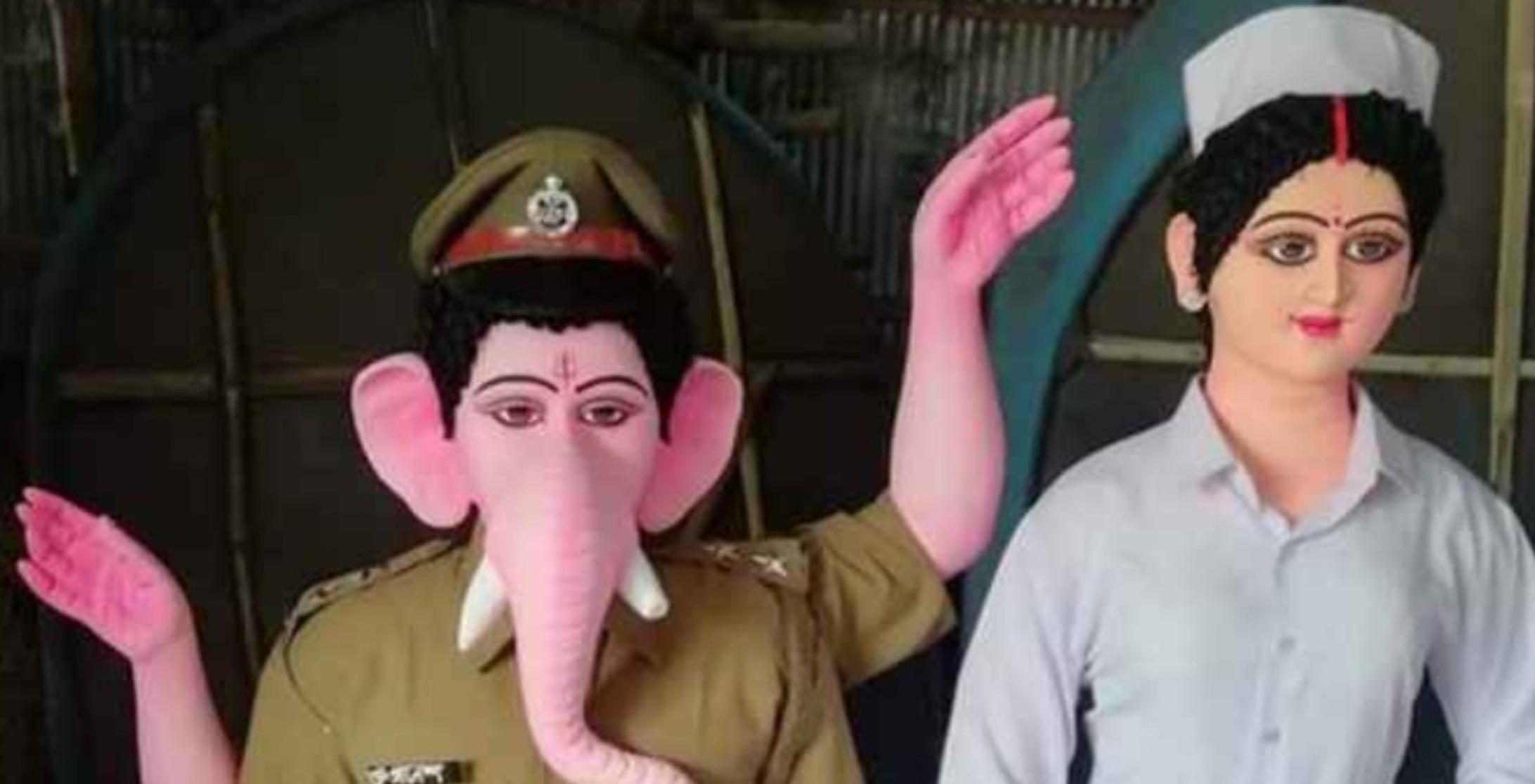 कोलकाता के एक पंडाल में डॉक्टर के रूप में आई माता रानी, पुलिस बने गणेश जी