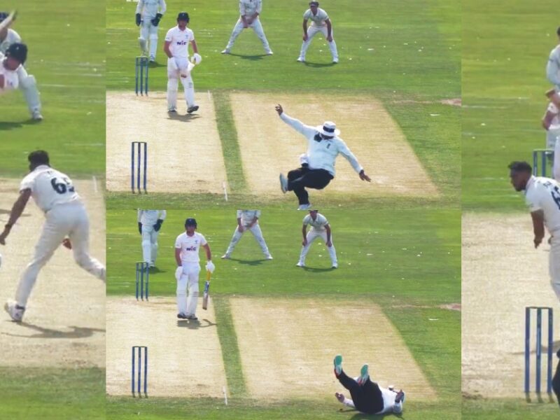 Funny Incident On Cricket Field In County Championship 2023 Umpire Accidentally Fell Down Video