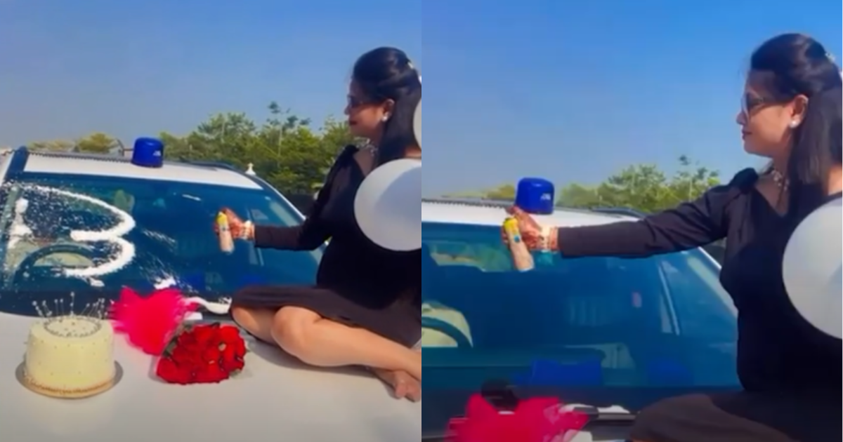Dsps-Wife-Made-Fun-Of-The-Rules-Cut-A-Birthday-Cake-On-A-Blue-Light-Car